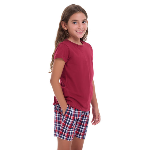 Girls summer pajama set Dark red t-shirt + Dark Blue x Red Checkered shorts
